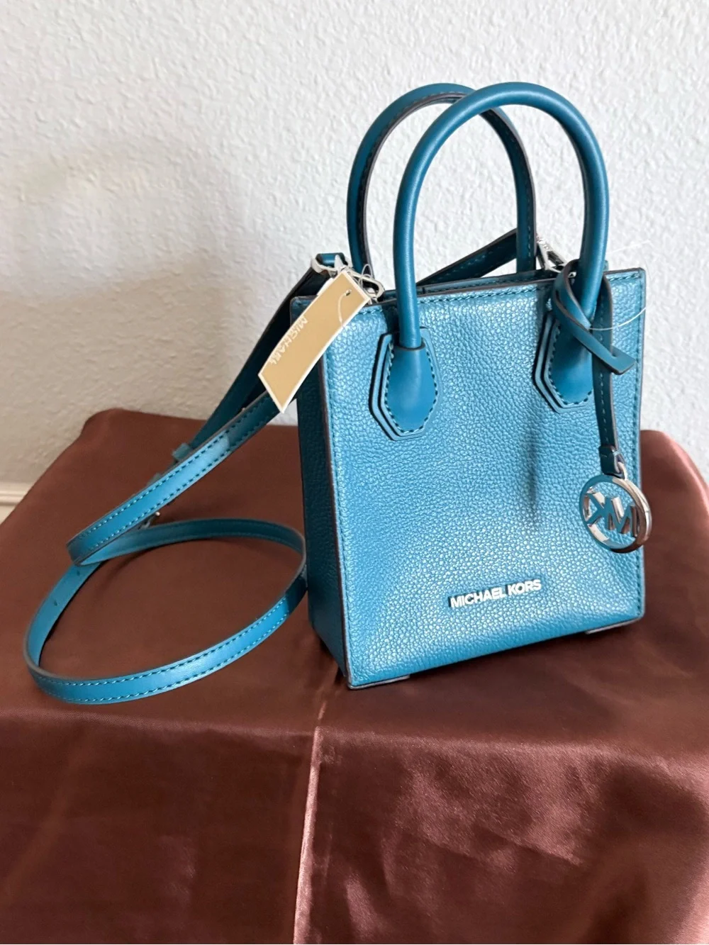 Michael Kors Teal Blue Leather Mini Crossbody Tote